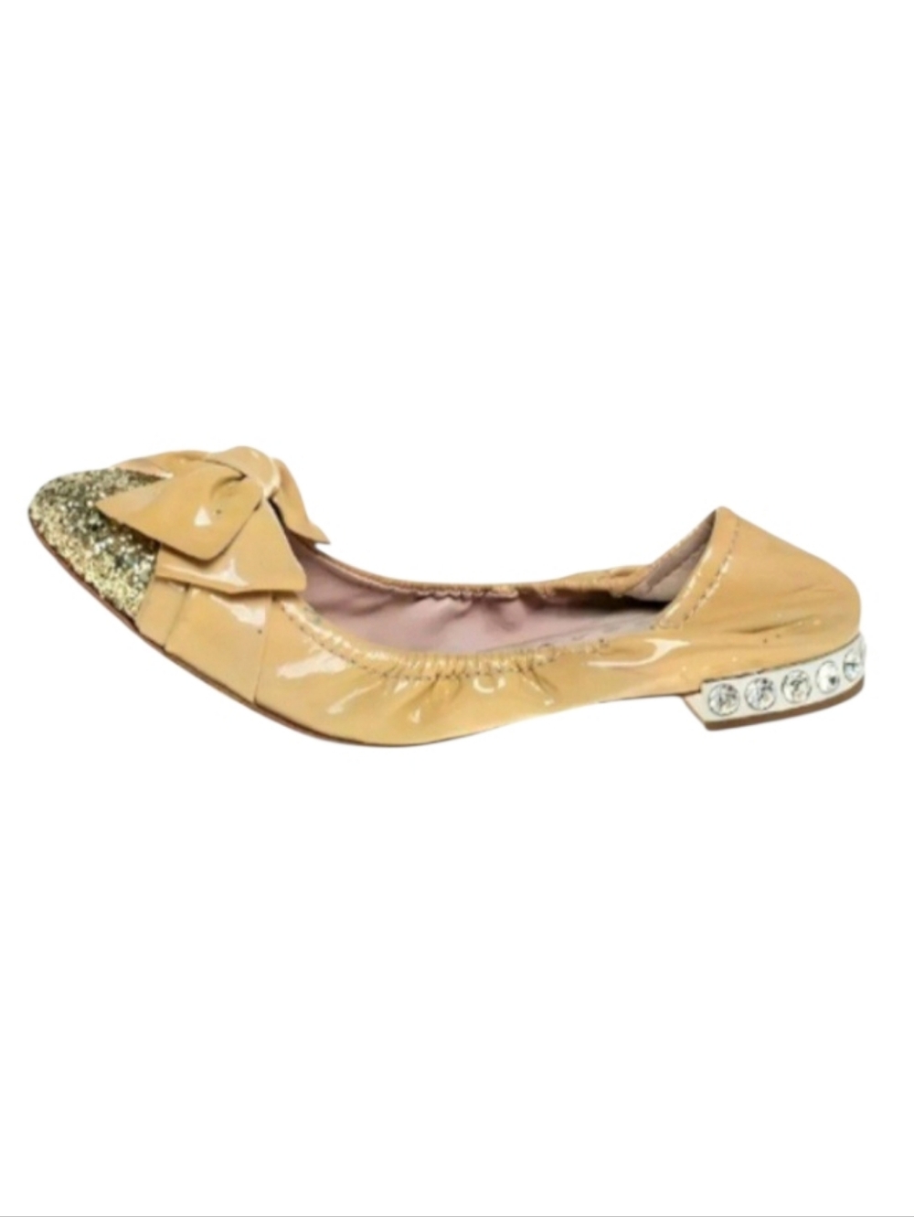 Miu Miu Bow Ballet Flats Nude Patent Leather Gold Glitter Cap Toe EU 40